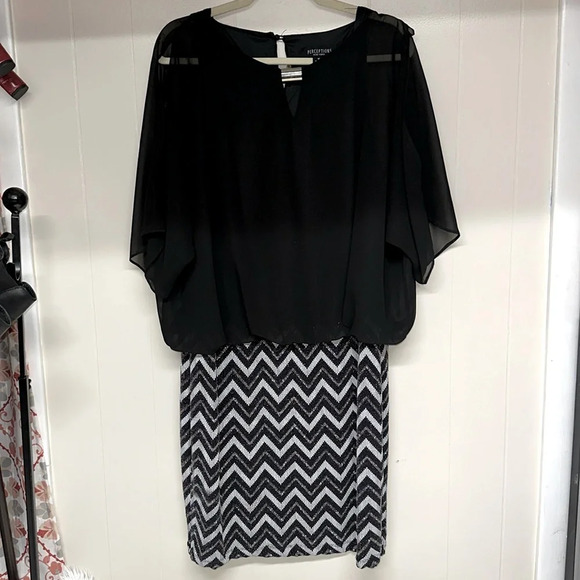 Perceptions Women Lurex Stitching Adds Sparkle Chevron Blouson Dress Black Sz.16 - Picture 1 of 10